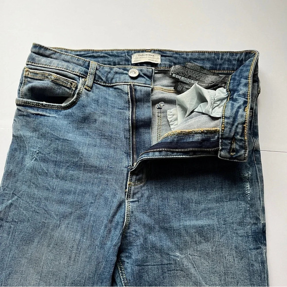 Zara Woman Distressed Jeans Denim Raw Hem High Waisted Skinny Stretch Blue Sz 8 - Picture 7 of 15